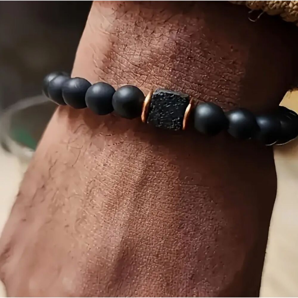 Square Round Beads Mens Modern Diffuser Essential Oil Stretch Bracelet Gold